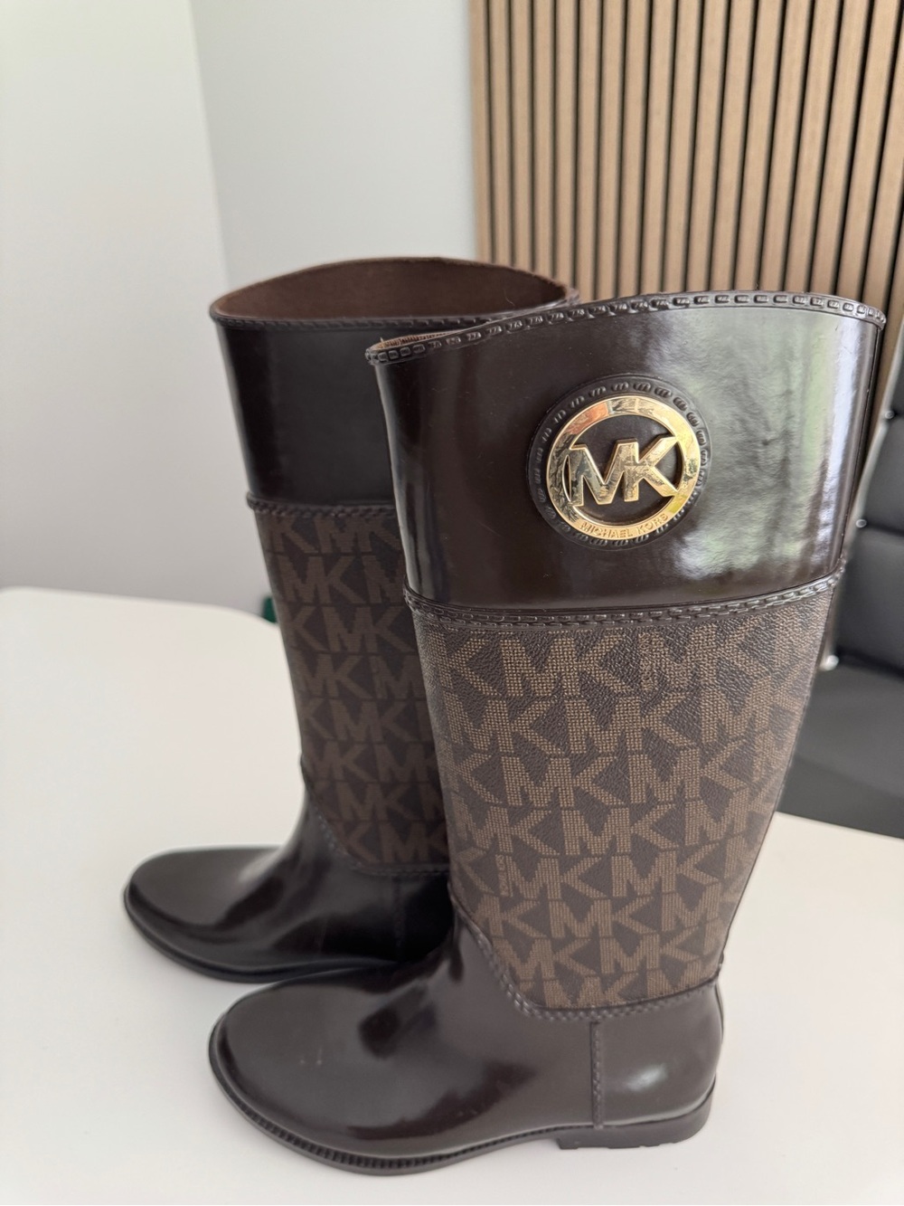 Michael Kors Brown MK Monogram Knee Boots with Gold Logo